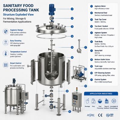 SS316L Sanitarny zbiornik mieszalny z mieszalnikiem do przetwarzania żywności i napojów/SS316L Sanitarny zbiornik fermentacyjny do produkcji żywności i napojów